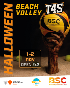 Cartell torneig T4S x Halloween 1-2 novembre Cartell del 2x2 open beach volley T4S x Halloween BSC, amb les dates de l'esdeveniment